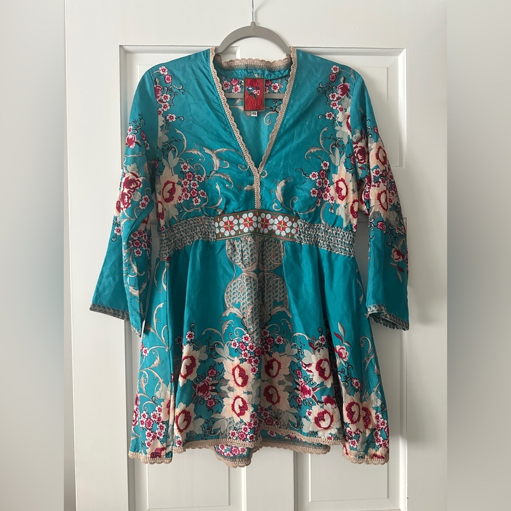 Johnny Was 100% Silk Floral V-Neck 3/4 Sleeve Tunic Shirt Top